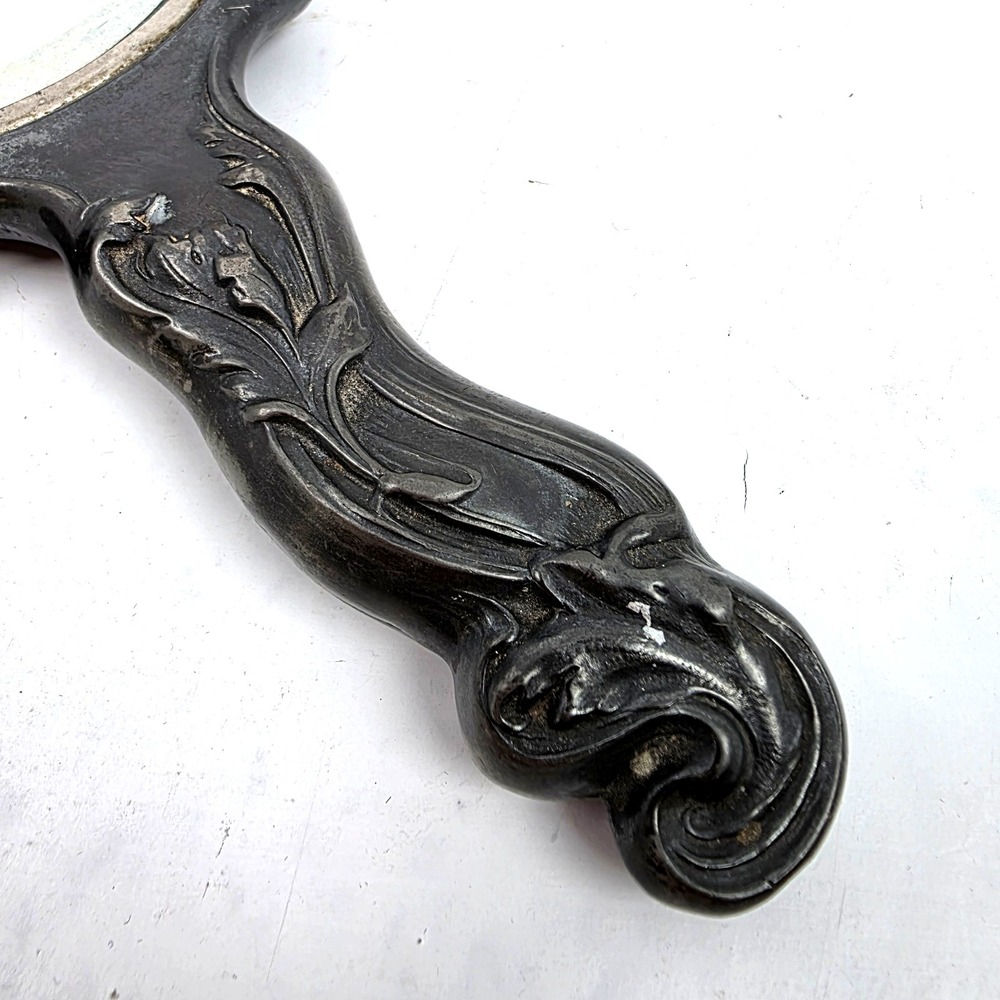 Vintage Art Nouveau Repousse Handheld Mirror Bevelled Glass 10" x 5.5" - Picture 6 of 11